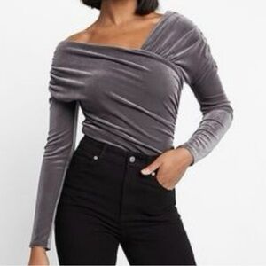 Express S Body Contour Velvet Off The Shoulder Asymmetrical Wrap Thong Bodysuit